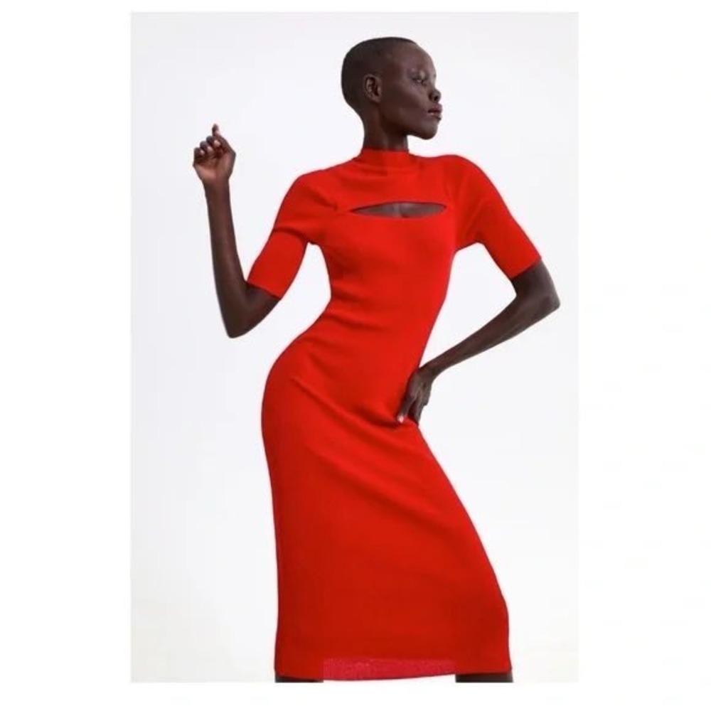 Zara Red Ribbed Cutout Mock Neck Bodycon‎ Midi Dress Small